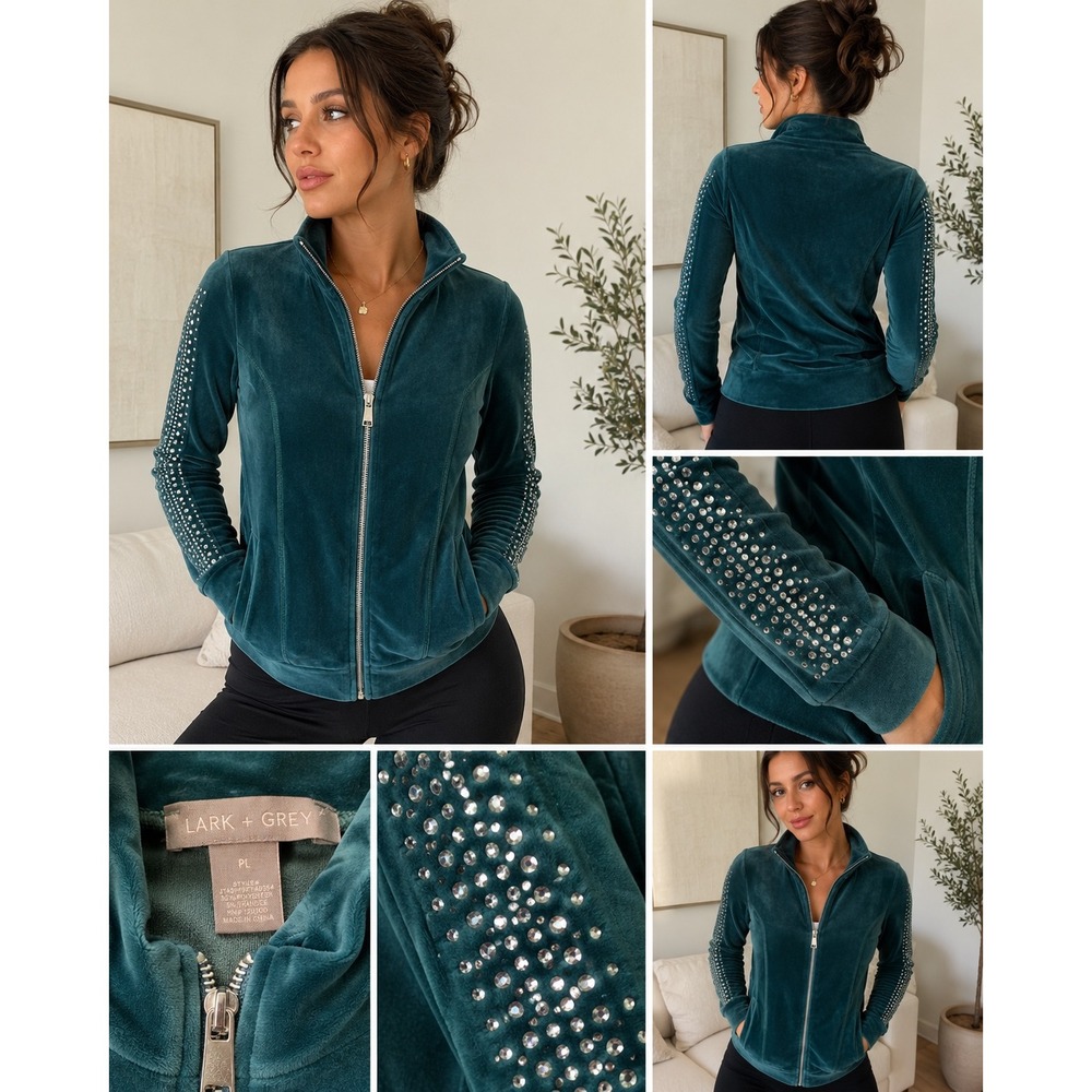 Y2K Glam Velour Rhinestone Lounge Jacket Emerald Green Cozy Luxe Zip PL